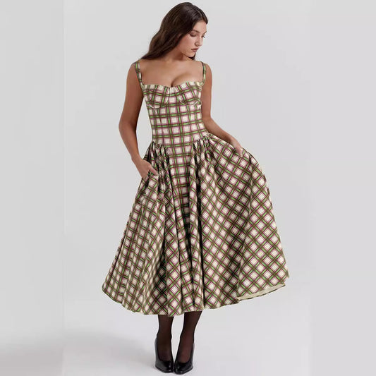 Robe longue femme – Tissu fluide respirant – Taille cintrée – Motif à carreaux – Poches pratiques