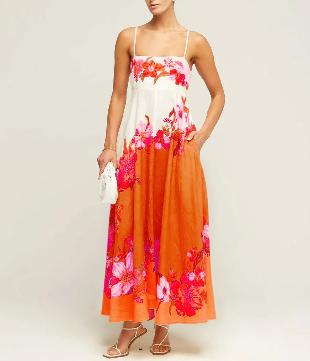 Robe midi femme – Bretelles fines – Corsage smocké – Coupe évasée fluide