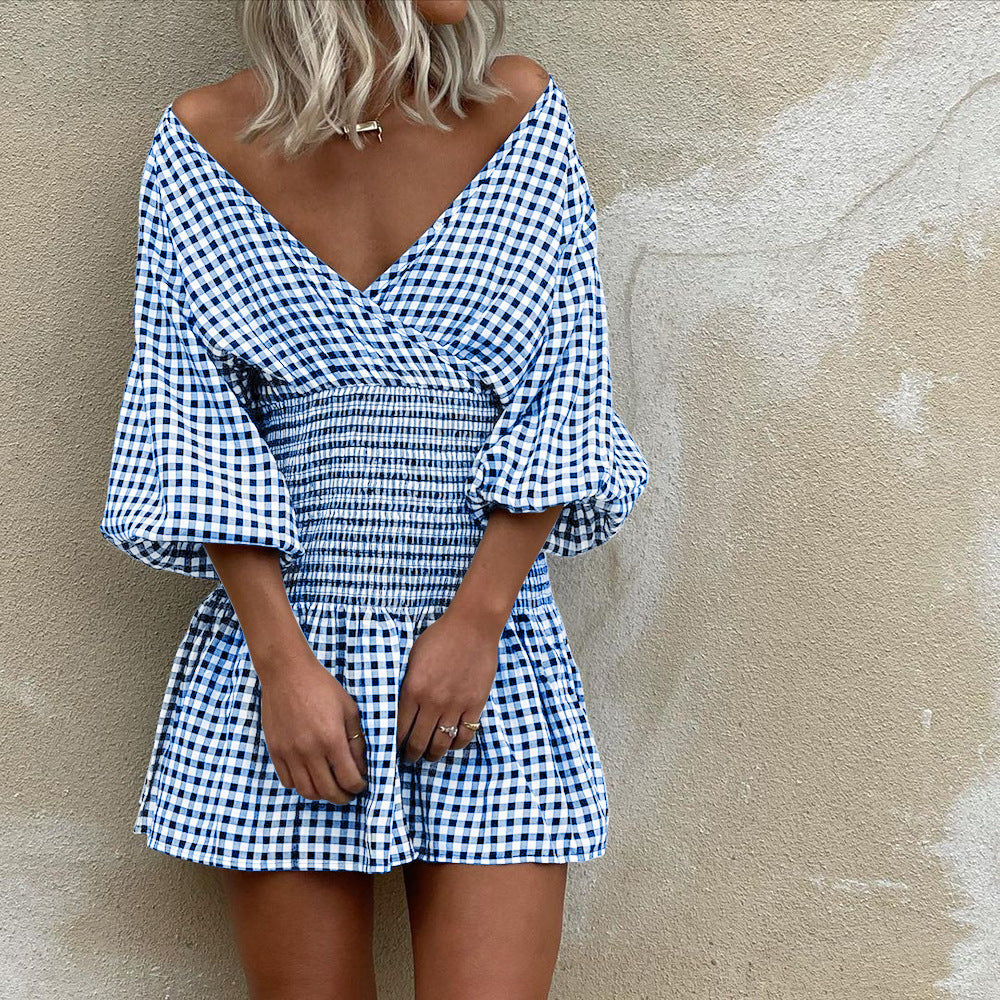 Robe Mini Femme – Coton Mélangé – Col V – Manches Bouffantes – Taille Élastique – Motif Vichy