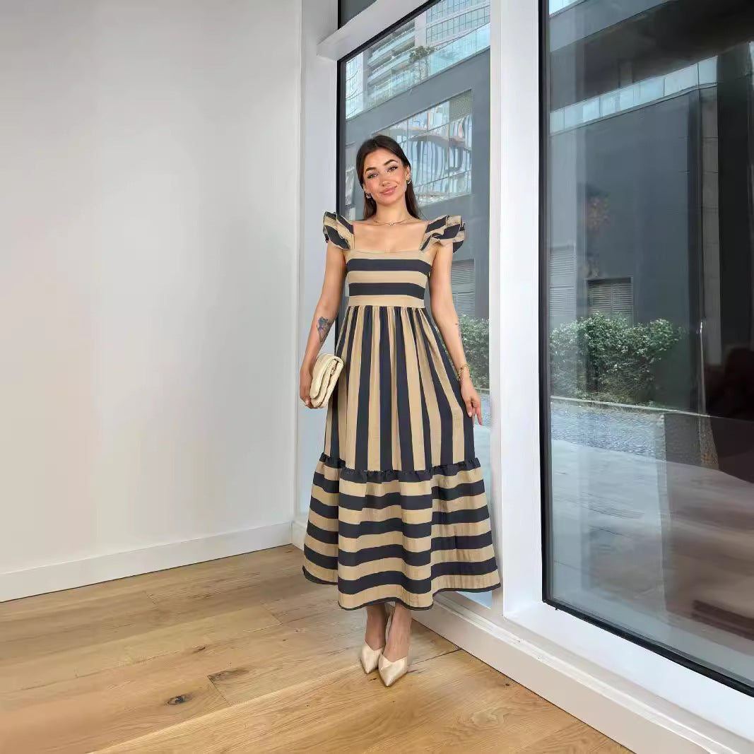 Robe midi femme – Épaules dénudées – Coton mélangé – Coupe fluide – Rayures – Manches volantées