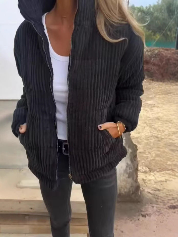 Veste femme en velours côtelé – Coupe décontractée – Longueur courte – Col montant – Fermeture zippée