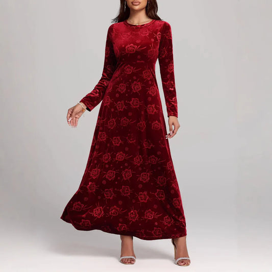 Robe longue femme – Velours gaufré floral – Coupe évasée – Manches longues élégantes