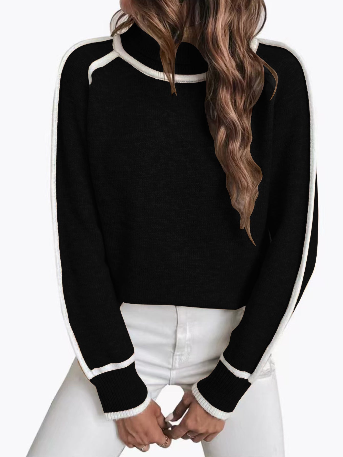 Sweat-shirt femme – Coupe ample – Col montant – Manches à rayures contrastées