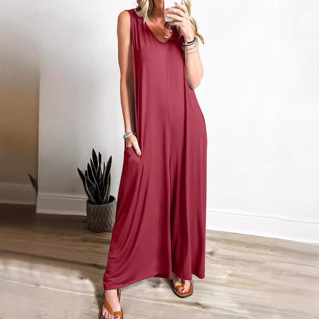 Robe longue femme – Sans manches – Décolleté en V – Coupe fluide – Maille douce avec poches
