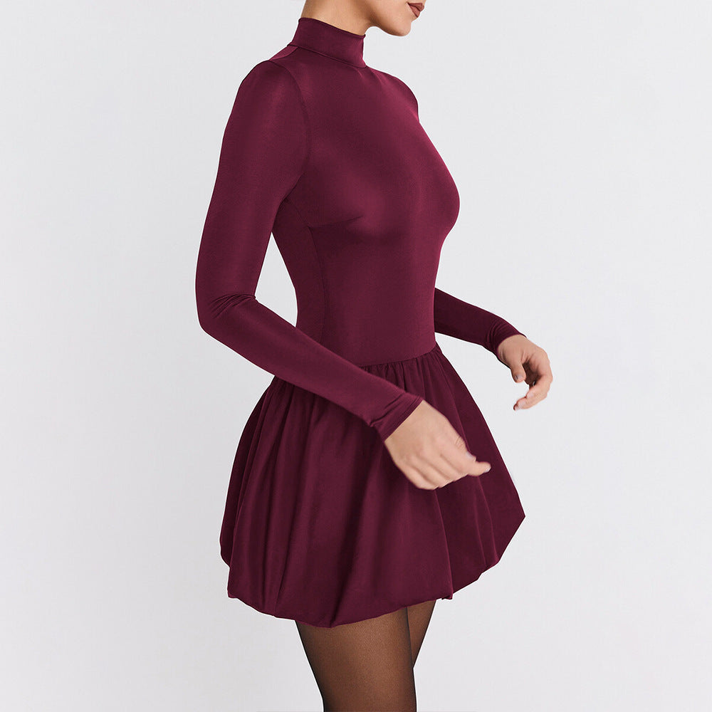 Robe mini femme – Coupe slim – Col montant – Manches longues – Jupe évasée