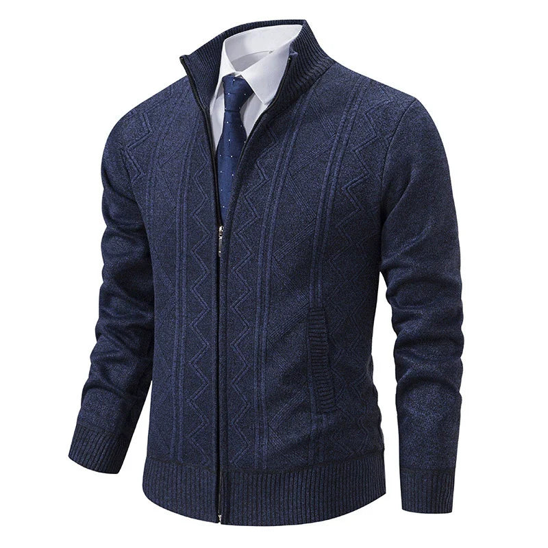 Veste cardigan homme – Maille laine – Coupe ajustée – Col montant – Fermeture zippée