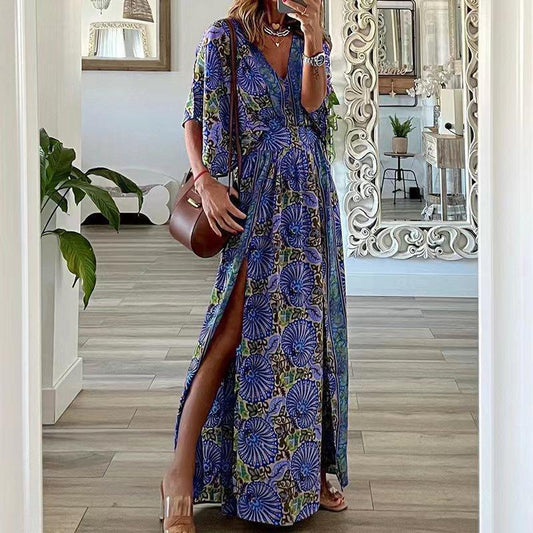 Robe longue femme – Imprimé bohème – Col V – Manches courtes – Coupe fluide