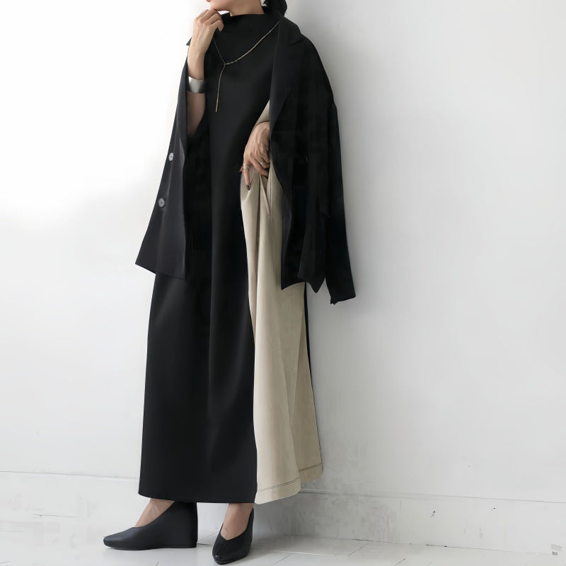 Robe midi femme – Coupe ample – Col montant – Manches chauve-souris – Bicolore
