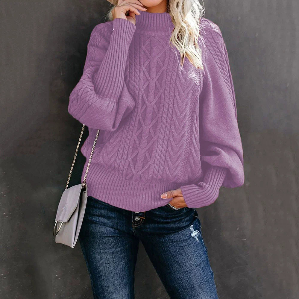 Pull Femme – Col Cheminée – Maille Torsadée – Coupe Ample – Manches Longues