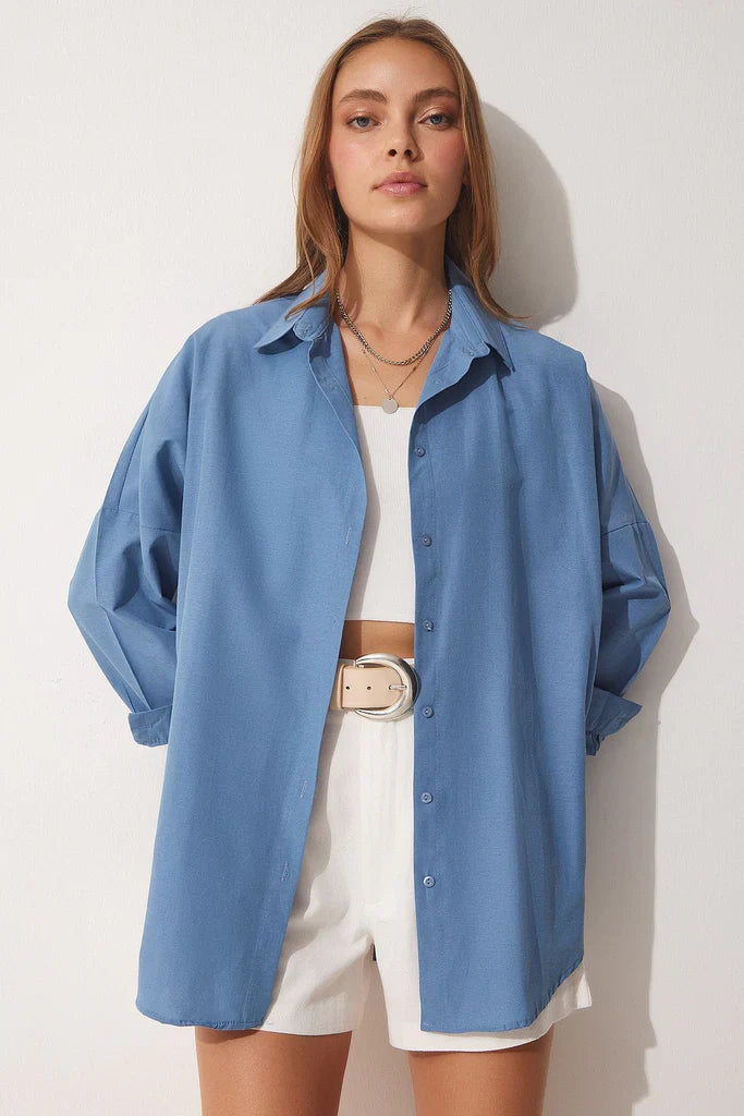 Blouse femme oversize – Coton doux – Manches longues – Boutonnée – Col classique