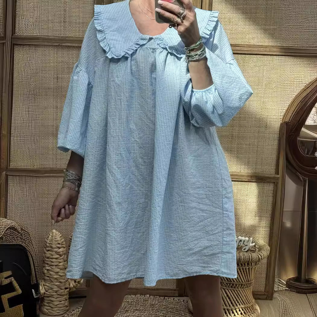 Robe Femme A-Ligne – Coton Léger – Col Claudine Volanté – Manches Bouffantes – Motif Carreaux