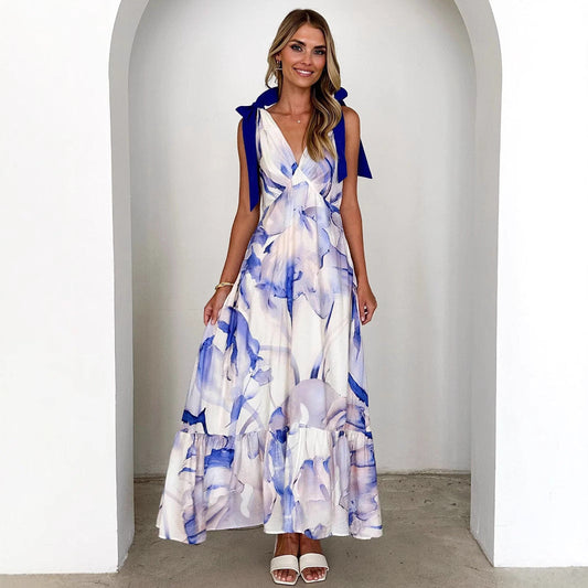 Robe longue femme – Sans manches – Décolleté en V – Bretelles nouées – Coupe fluide