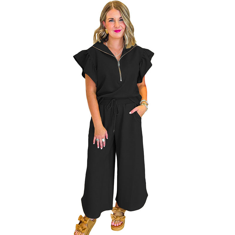 Ensemble Femme Décontracté – Haut Zip Volants Col Chemise – Pantalon Large Cordon