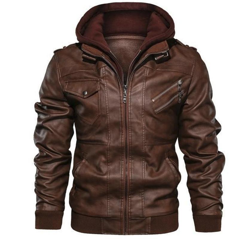 Veste en cuir à capuche pour homme - Fermeture éclair - Coupe décontractée