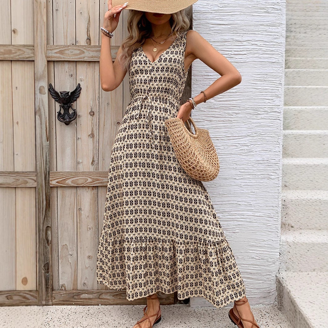 Robe midi sans manches femme – Imprimé bohème – Décolleté en V – Coupe fluide