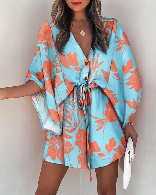 Robe femme – Mini fluide – Manches papillon – Encolure V – Taille à nouer