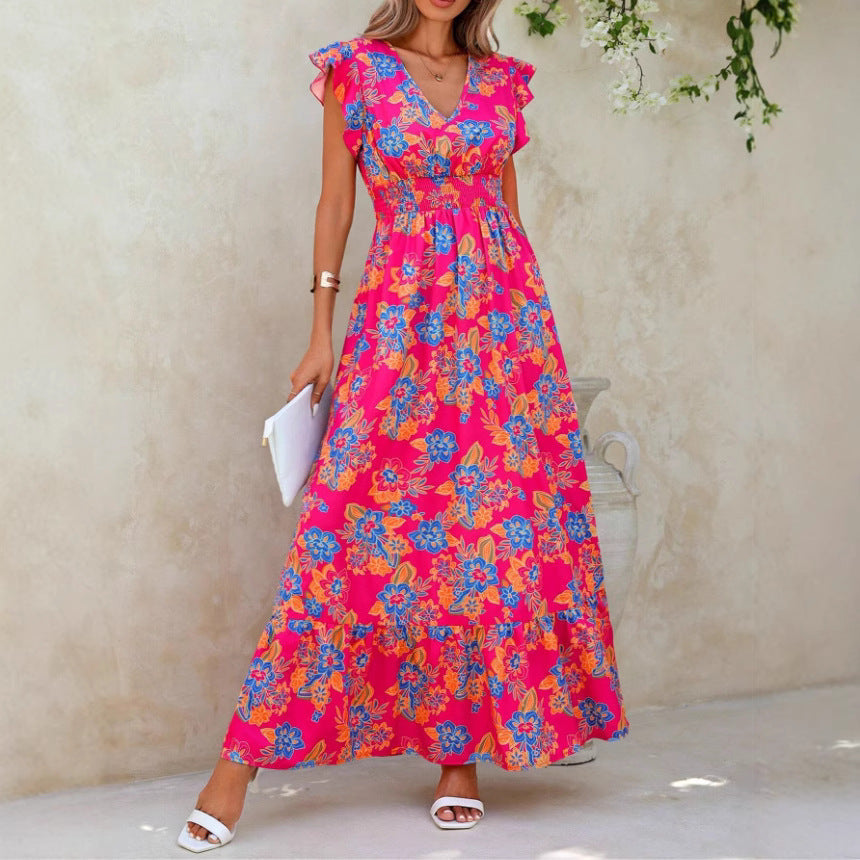 Robe longue femme – Sans manches – Imprimé floral – Col en V – Coupe fluide coton