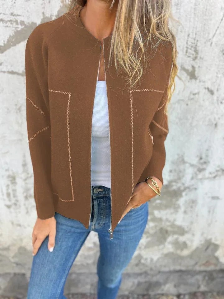 Veste tricotée femme – Laine – Coupe décontractée – Fermeture zippée – Poches latérales