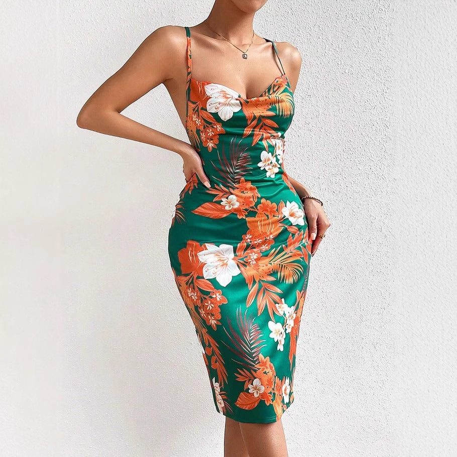 Robe midi femme – Coupe ajustée – Bretelles fines – Col rond – Fente latérale – Imprimé fleuri