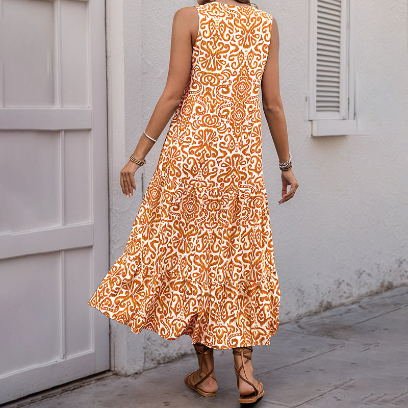 Robe midi femme – Sans manches – Encolure en V – Coupe fluide – Imprimé abstrait