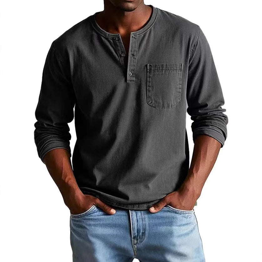 T-shirt manches longues homme – Coupe slim – Tissu respirant – Col boutonné avec poche
