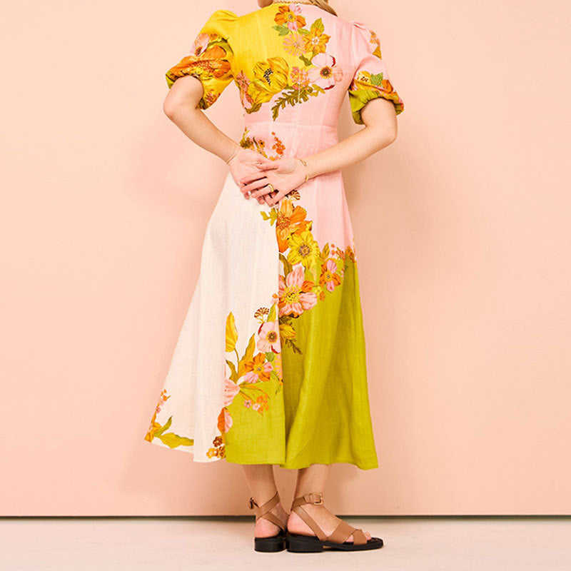 Robe midi femme – Taille cintrée – Manches bouffantes – Imprimé fleuri – Tissu léger