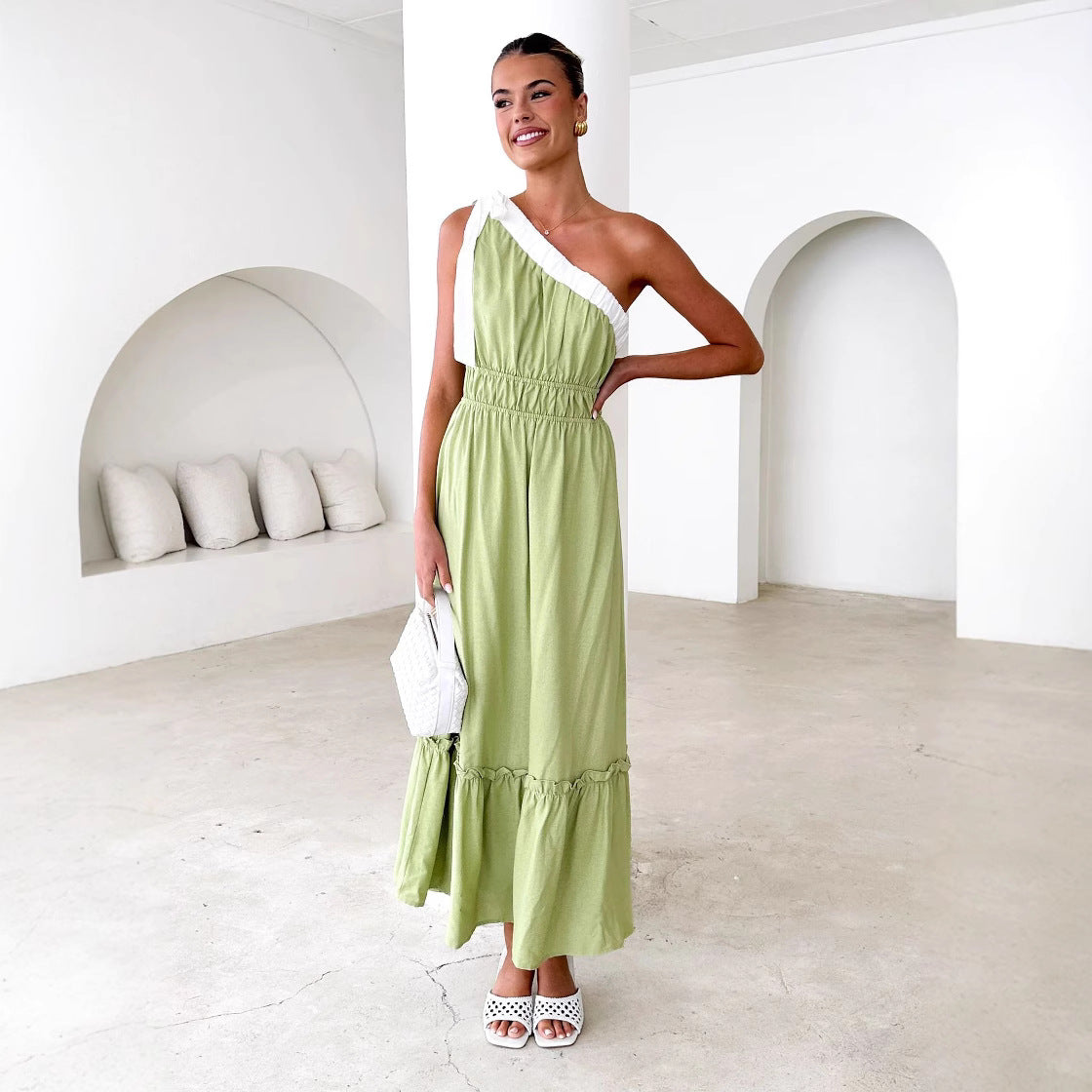 Robe femme unilatérale – Coupe évasée midi – Coton mélangé – Volants et étages