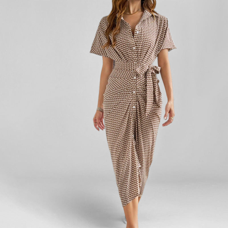 Robe portefeuille femme – Coupe midi – Manches courtes – Taille ceinturée – Col V