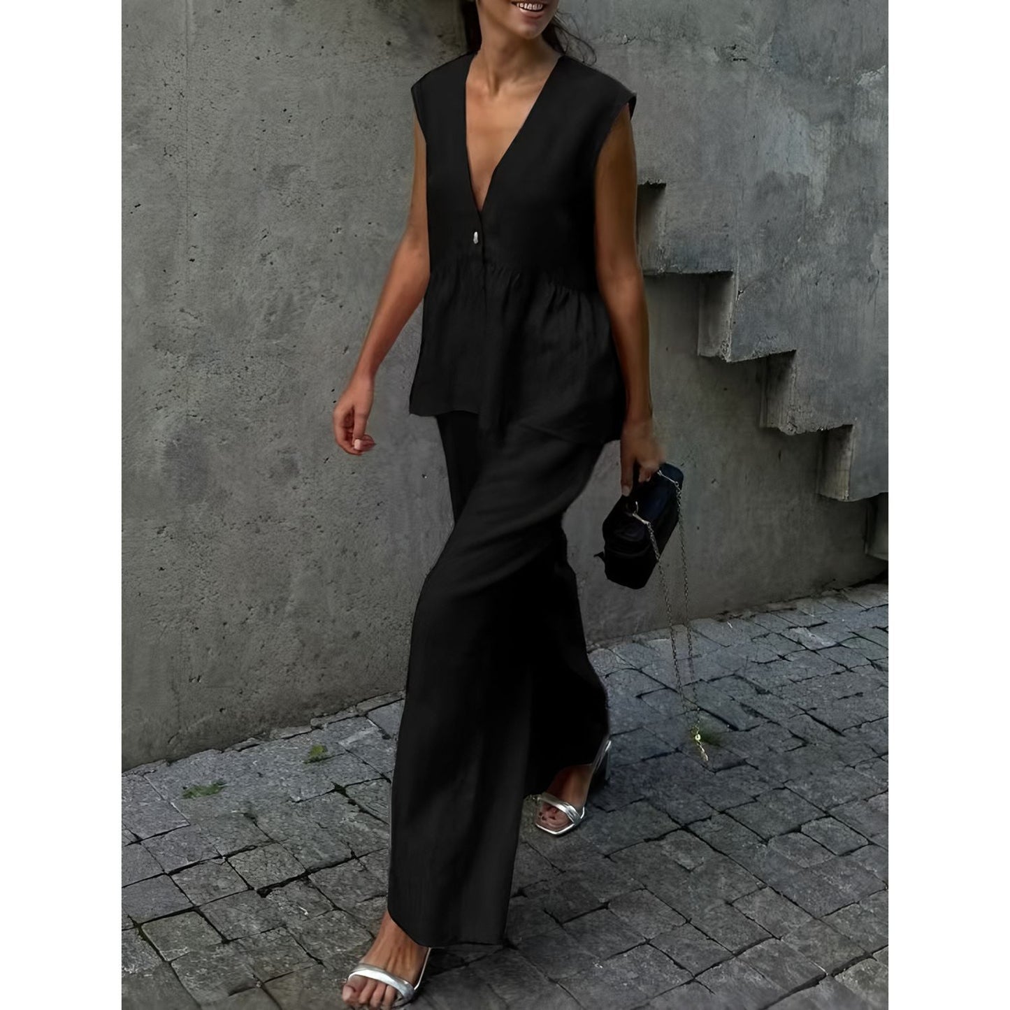 Ensemble deux pièces femme – Haut péplum sans manches col V – Pantalon fluide long