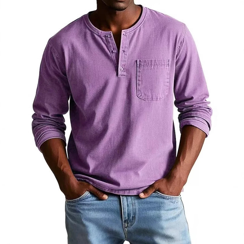 T-shirt manches longues homme – Coupe slim – Tissu respirant – Col boutonné avec poche