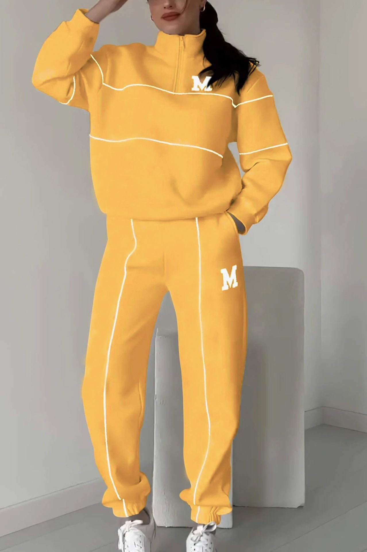 Survêtement femme – Coton mélangé – Coupe décontractée – Haut demi-zip – Jogging élastique