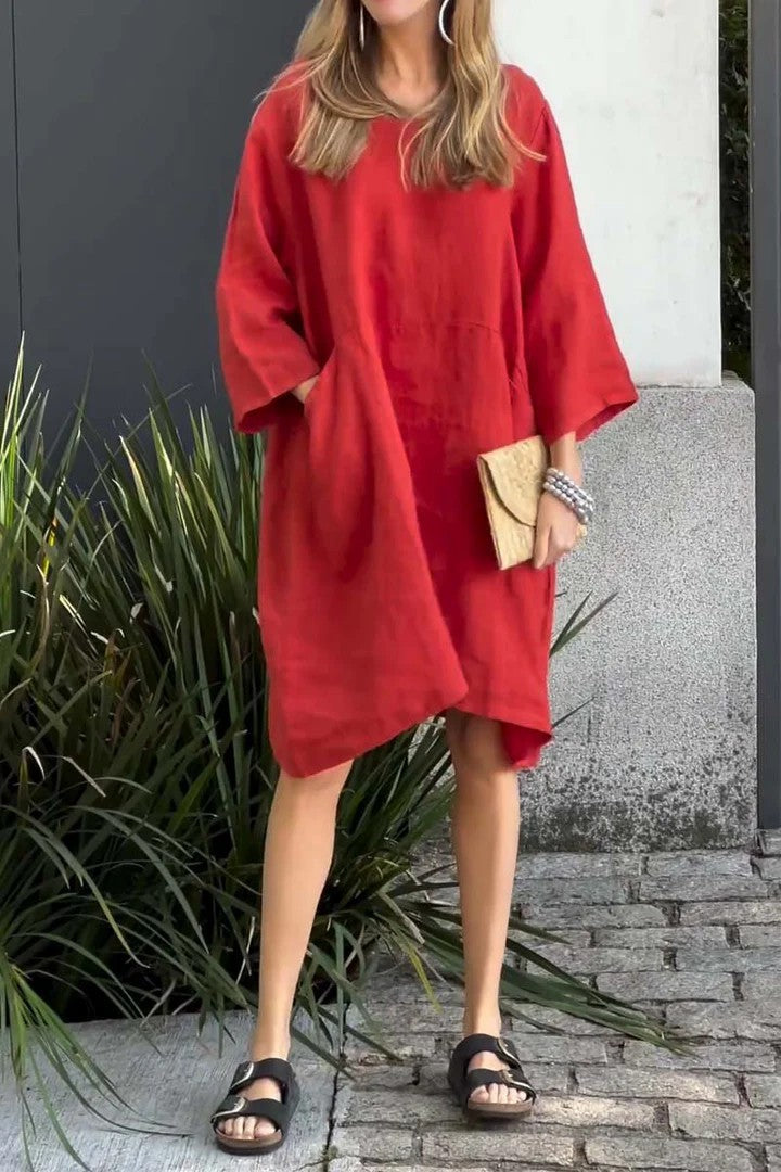 Robe femme – Coupe droite – Tissu coton lin – Manches 3/4 – Longueur genou – Poches