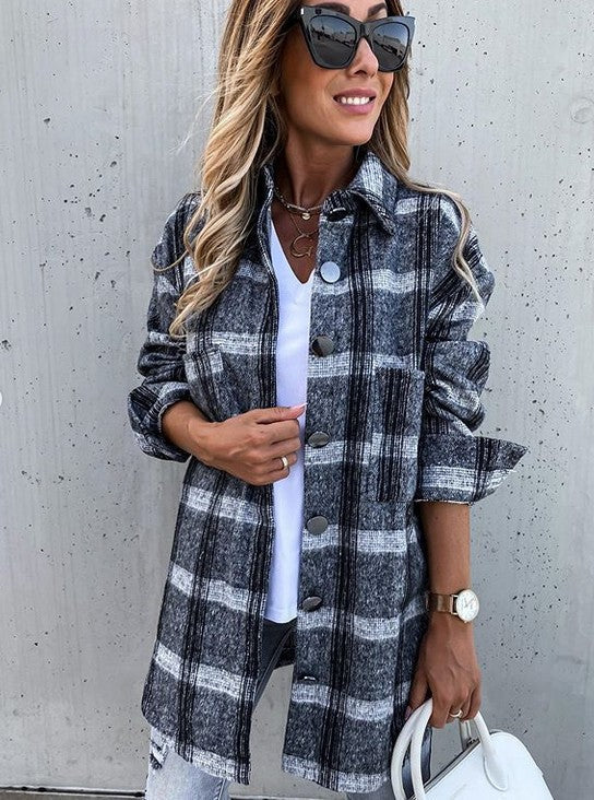 Veste femme à carreaux – Coupe oversize – Tissu effet laine – Longueur mi-cuisse
