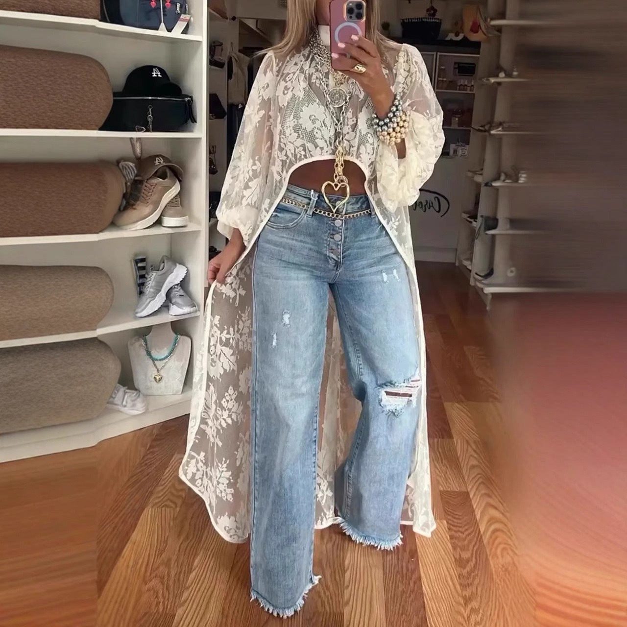 Robe longue femme – Voile floral transparent – Coupe fluide élégante – Manches amples