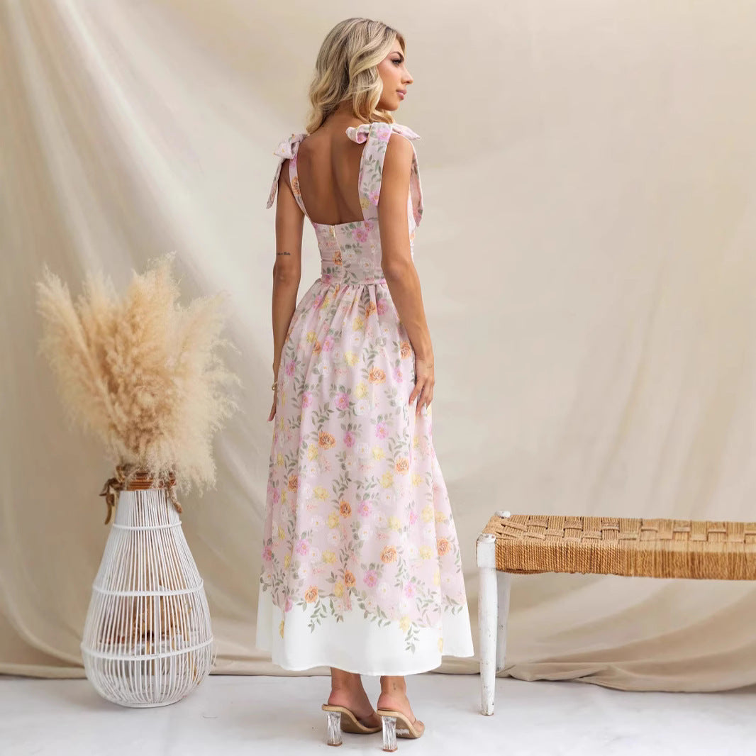 Robe midi femme – Coupe évasée – Bretelles fines – Imprimé fleuri – Tissu léger