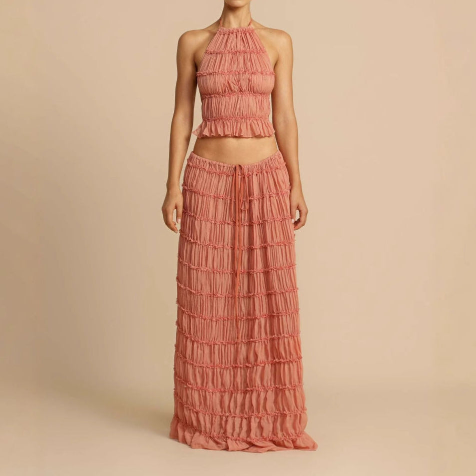 Ensemble femme deux pièces – haut dos nu froncé – jupe longue taille élastique – tissu respirant