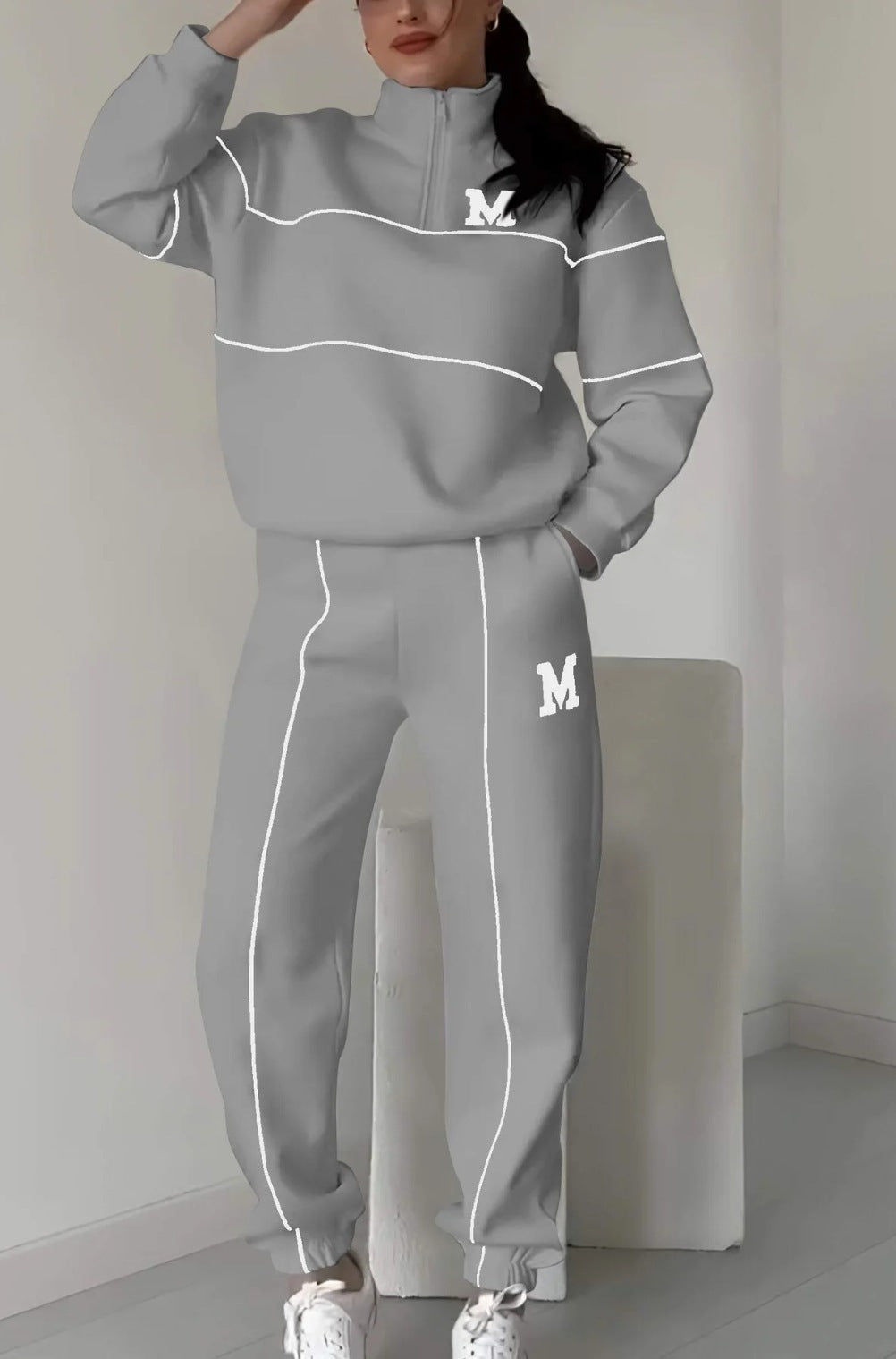 Survêtement femme – Coton mélangé – Coupe décontractée – Haut demi-zip – Jogging élastique