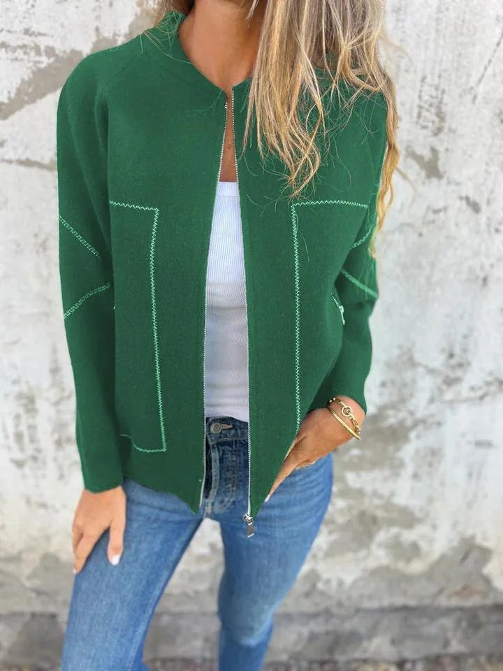 Veste tricotée femme – Laine – Coupe décontractée – Fermeture zippée – Poches latérales