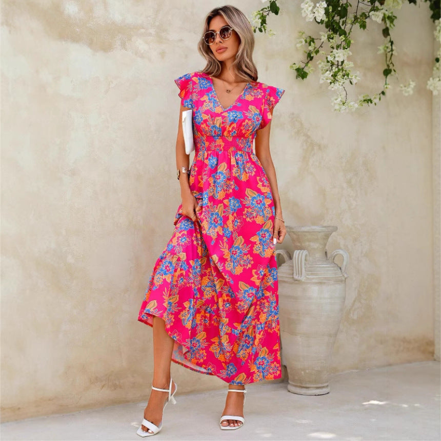 Robe longue femme – Sans manches – Imprimé floral – Col en V – Coupe fluide coton