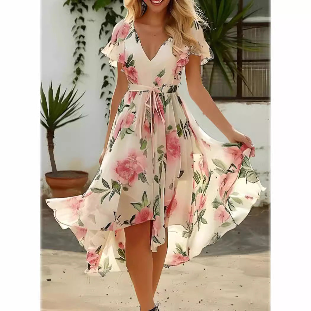 Robe femme – Imprimé fleuri – Col en V – Manches volantées – Taille nouée – Ourlet asymétrique
