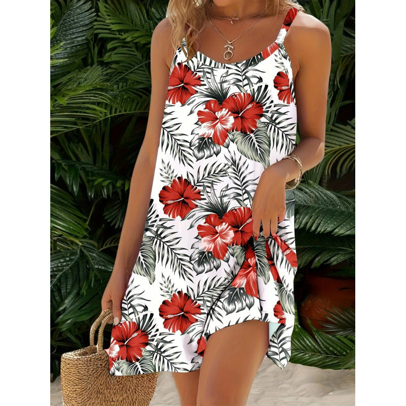 Robe mini femme – Coupe décontractée – Coton léger – Imprimé tropical – Bretelles fines