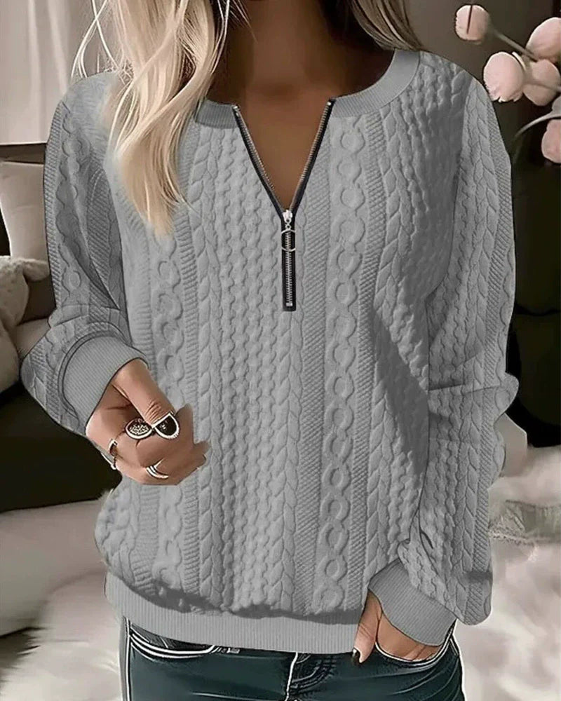 Femme Sweatshirt - Maille Texturée - Coupe Décontractée - Col Zippé - Manches Longues