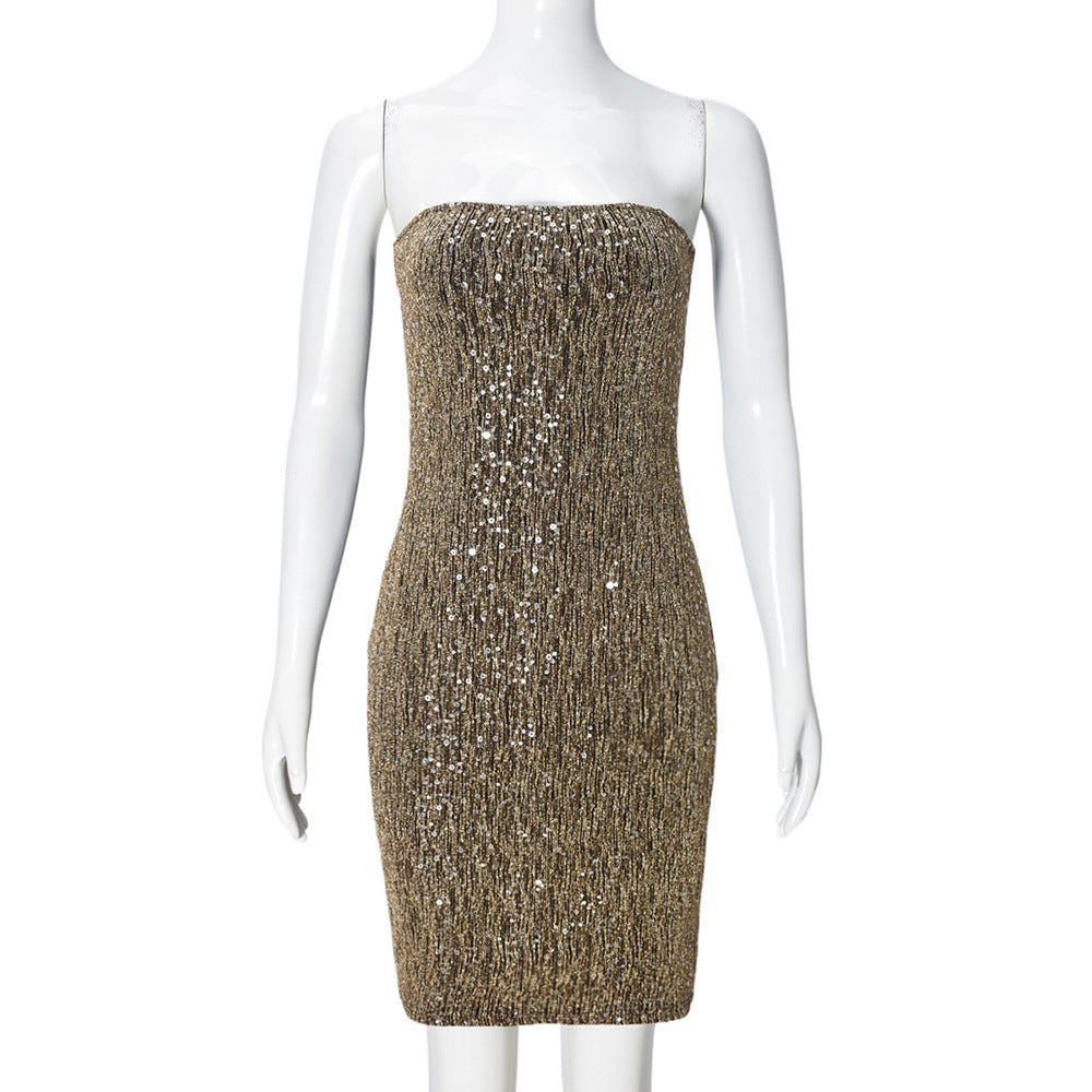 Robe Mini Femme – Sans Bretelles – Coupe Slim – Sequins Brillants – Soirée Chic