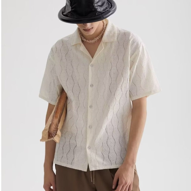 Chemise homme manches courtes – Coupe décontractée – Col cubain – Tissu texturé léger