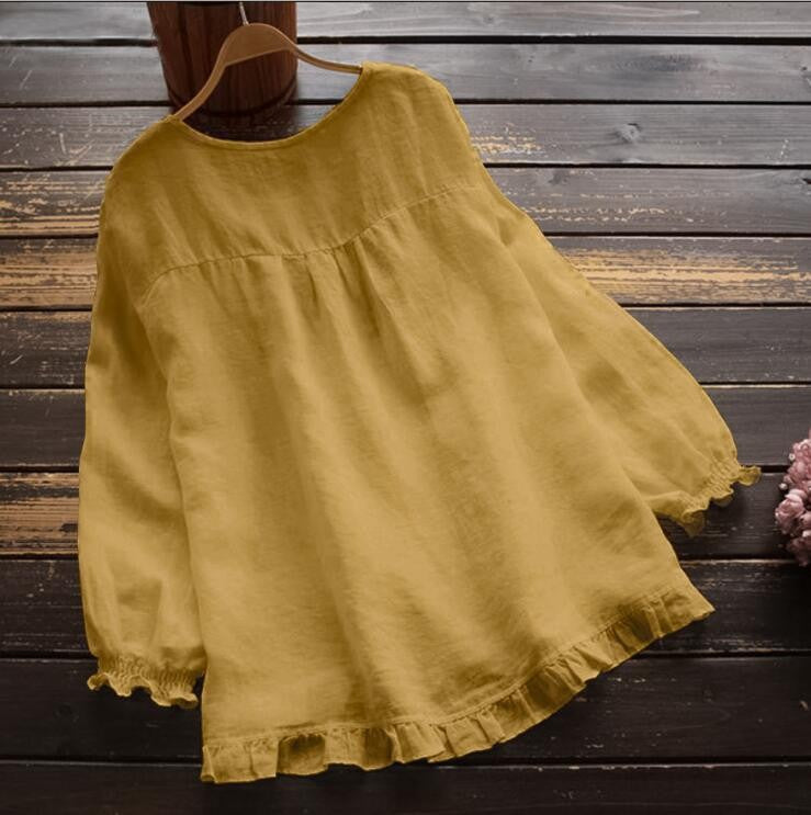 Blouse femme – Coupe ample – Manches longues – Linnen coton – Volants élégants