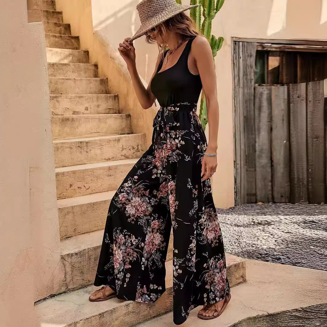 Combinaison femme – Sans manches – Imprimé floral – Taille ceinturée – Jambes larges