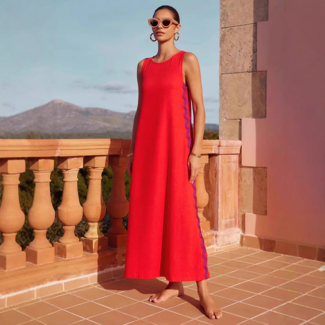 Robe sans manches femme – Coupe décontractée – Col rond – Longueur midi respirante