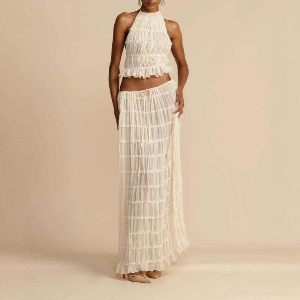Ensemble femme deux pièces – haut dos nu froncé – jupe longue taille élastique – tissu respirant