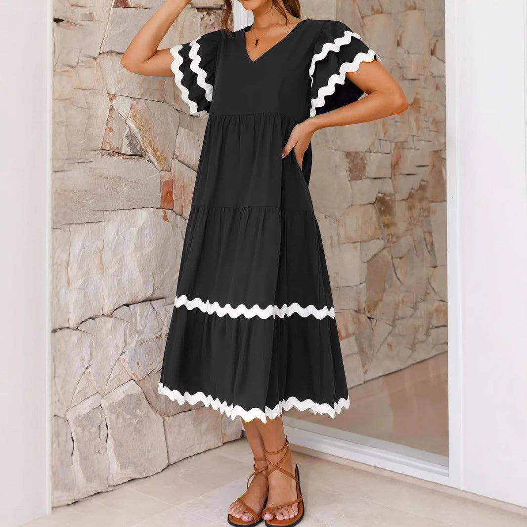 Robe midi femme – Encolure en V – Manches volantes – Coupe fluide – Tissu respirant