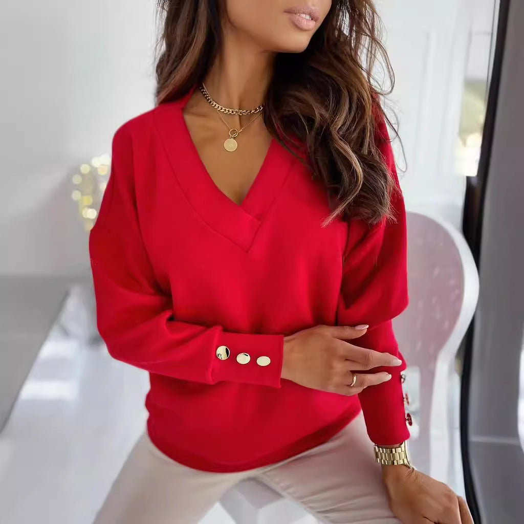 T-shirt manches longues femme – Col V – Coupe décontractée – Maille douce – Détail boutons
